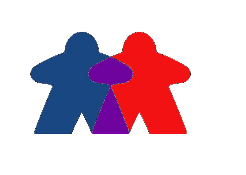 The Purple Meeples Logo featuring an overlapping blue and red meeple that is purple where they overlap. 