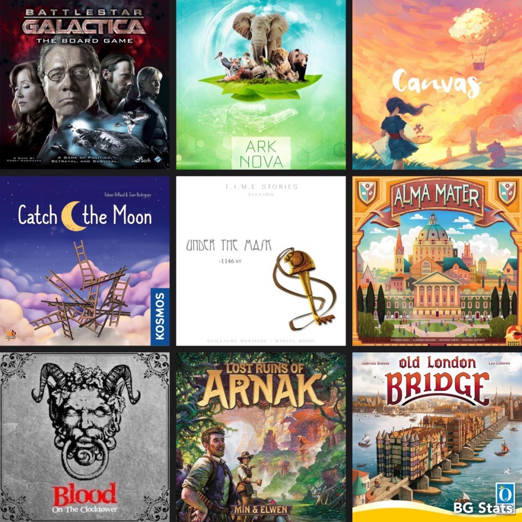 Cover images of the top 9 games I played in June, including Battlestar Galactica, Ark Nova, Canvas, Catch the Moon, TIME Stories: Under the Mask, Alma Mater, Blood on the Clocktower, Lost Ruins of Arnak, and Old London Bridge. 